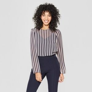 NWT Women's Navy Striped Long Sleeve Sheer Blouse